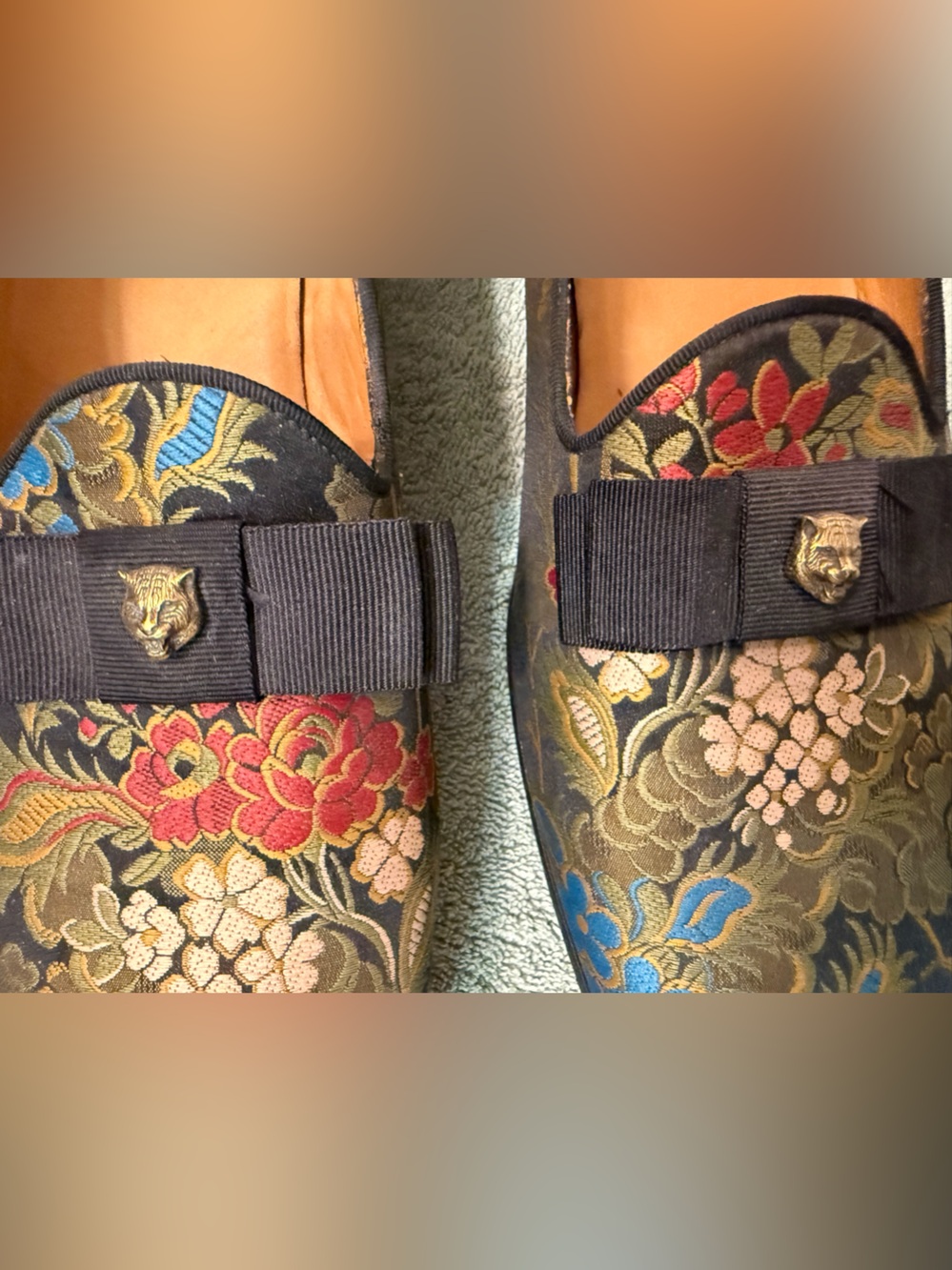 Gucci Floral Brocade Ribbon Loafers in Black, Gold, Blue & Red - Picture 7 of 14